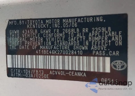 2007 Toyota Camry Le из США, поврежденный, VIN 4T1BE46K27U028410